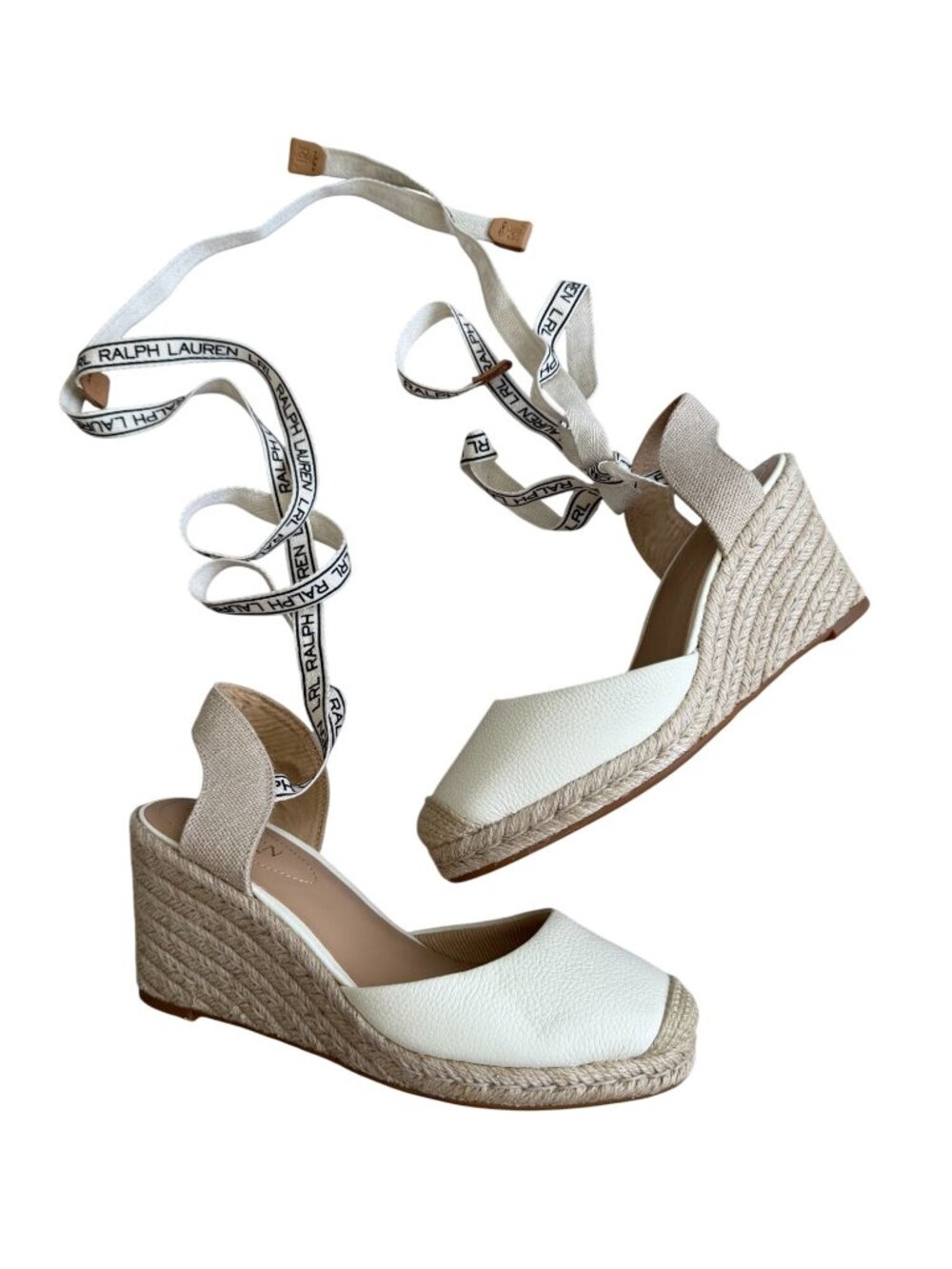 LAUREN RALPH LAUREN Ivory Leather Laceup Espadrilles Wedges Size 7.5 NEW NWOB - Picture 8 of 8
